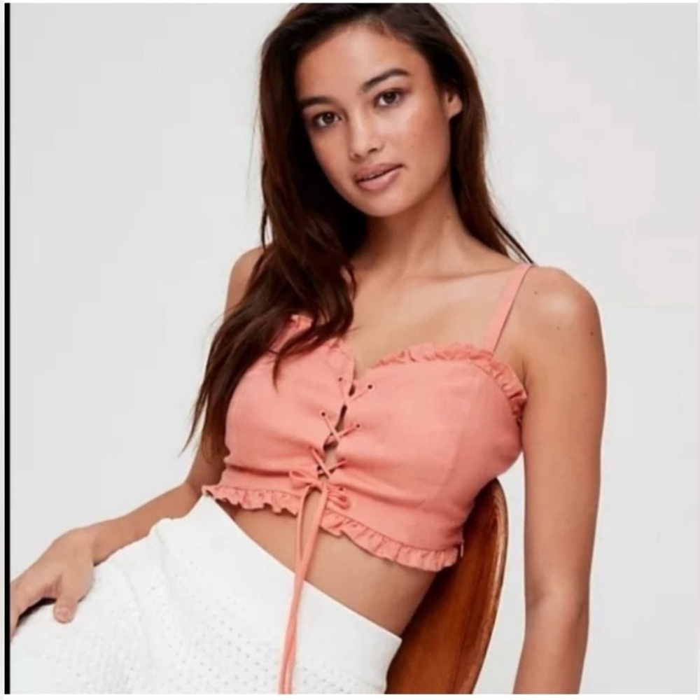 Wilfred Sariah 100% linen lace up Trendy Coral Crop bustier Top size 2